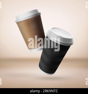 Takeaway paper cups falling on beige background Stock Photo