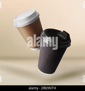 Takeaway paper cups falling on beige background Stock Photo