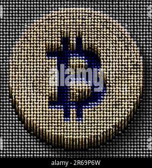Digital currency security. Golden bitcoin. Pin art board effect Stock Photo