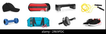 Set with skipping rope and other sporting goods on white background Stock Photo