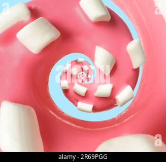 Twisted donut with strawberry icing and marshmallows on light blue background, spiral effect Stock Photo
