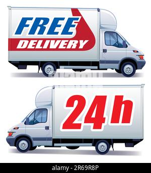 White commercial vehicle - delivery truck with a sign free delivery Stock Vector