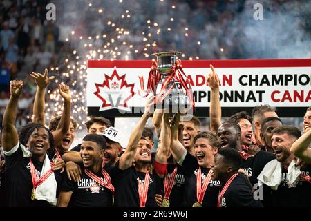 Vancouver, Canada. 07th June, 2023. Vancouver, British Columbia, Canada, June 7th 2023: Vancouver Whitecaps FC players holds up the Voyageurs Cup trophy after winning the Major League Soccer Canadian Championship Final match between Vancouver Whitecaps FC and CF Montreal at BC Place Stadium in Vancouver, British Columbia, Canada (EDITORIAL USAGE ONLY). (Amy Elle/SPP) Credit: SPP Sport Press Photo. /Alamy Live News Stock Photo