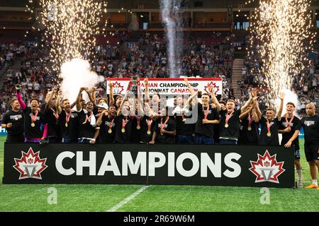 Vancouver, Canada. 07th June, 2023. Vancouver, British Columbia, Canada, June 7th 2023: Vancouver Whitecaps FC players holds up the Voyageurs Cup trophy after winning the Major League Soccer Canadian Championship Final match between Vancouver Whitecaps FC and CF Montreal at BC Place Stadium in Vancouver, British Columbia, Canada (EDITORIAL USAGE ONLY). (Amy Elle/SPP) Credit: SPP Sport Press Photo. /Alamy Live News Stock Photo