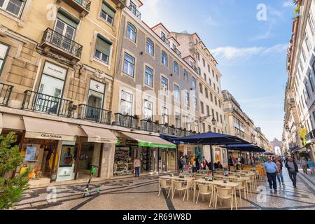 Lisbon, Portugal - April 11, 2019: city skyline at Augusta street with many shop and tourist Stock Photo