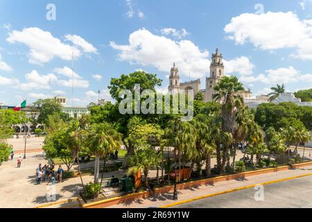 Raised view of cathedral church over Plaza Grande in city centre, Merida, Yucatan State, Mexico Stock Photo