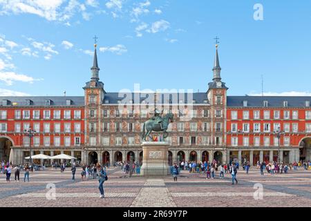 Madrid, Spain - June 06 2018: The Plaza Mayor (English: Main Square) is a major public space in the heart of the capital of Spain. It was once the cen Stock Photo