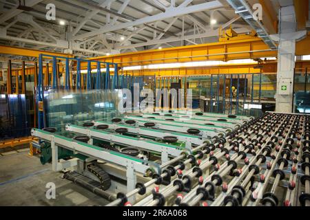 A manufacturing environment producing PVC windows in a factory Stock Photo