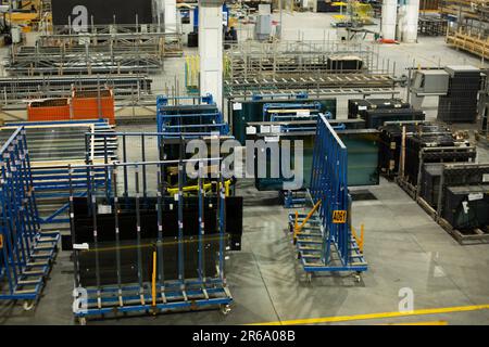 A manufacturing environment producing PVC windows in a factory Stock Photo