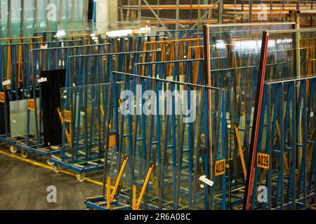 A manufacturing environment producing PVC windows in a factory Stock Photo