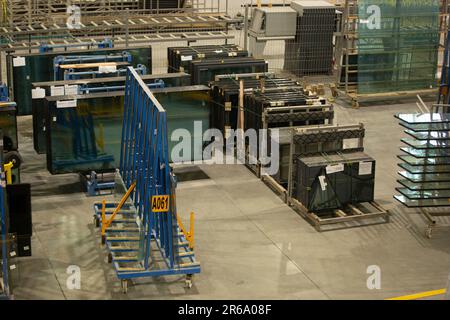 A manufacturing environment producing PVC windows in a factory Stock Photo