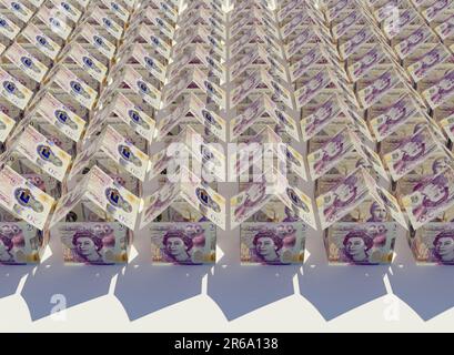 A concept of pound bank notes folded into the shape of a mass of simple houses on an isolated background - 3D render Stock Photo