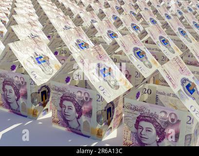 A concept of pound bank notes folded into the shape of a mass of simple houses on an isolated background - 3D render Stock Photo