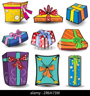 Set of nine different presents, colored vector illustration isolated on white background. Stock Vector