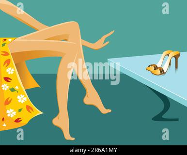 illustration of a woman with new shoes on glass table Stock Vector