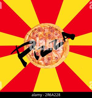 poster in pop art style with pizza on yellow red background. High quality photo Stock Photo