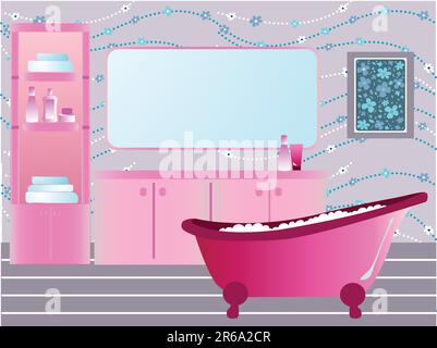 Illustration of pink bathroom with retro bathtub Stock Vector