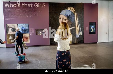 THE HAGUE - 08/06/2023, The Mauritshuis has had Girl with a Pearl Earring by Johannes Vermeer enlarged a hundred times in 3D print. The 4 meter high plastic colossus is located in the foyer of the museum. ANP ROBIN UTRECHT netherlands out - belgium out Stock Photo