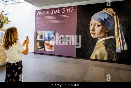 THE HAGUE - 08/06/2023, The Mauritshuis has had Girl with a Pearl Earring by Johannes Vermeer enlarged a hundred times in 3D print. The 4 meter high plastic colossus is located in the foyer of the museum. ANP ROBIN UTRECHT netherlands out - belgium out Stock Photo