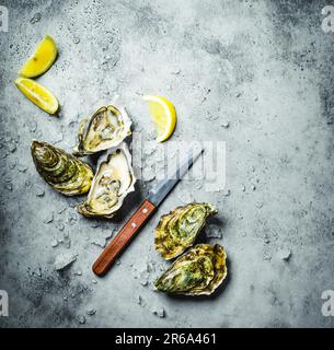 Fresh oysters on ice, knife, lemon wedges. Rustic stone background. Opened fresh raw oysters. Top view. Copy space. Oyster bar. Seafood. Oysters Stock Photo