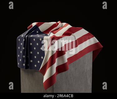 An american flag draped over a stone plinth on an isolated dark studio background - 3D render Stock Photo