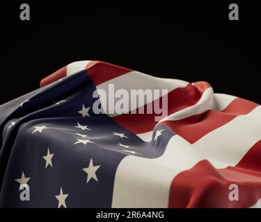 An american flag draped over a stone plinth on an isolated dark studio background - 3D render Stock Photo