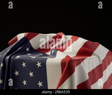 An american flag draped over a stone plinth on an isolated dark studio background - 3D render Stock Photo