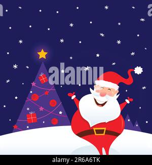 Falling snow, Santa in red costume and Christmas tree with presents. Vector cartoon Illustration. Stock Vector
