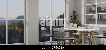 Interior design of a modern dining room or restaurant with a modern dining table near the large glass window with beautiful nature view. 3d render, 3d Stock Photo