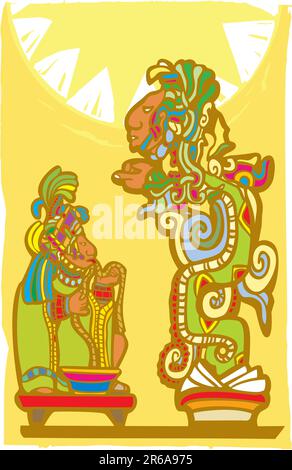 Mayan Lord running rope through tongue in traditional bloodletting sacrifice summon a vision serpent in image derived from mayan temple imagery. Stock Vector