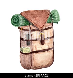 Watercolor hand painted brown retro hiking backpack illustration isolated on white background. Camping bag design. High quality clipart illustration f Stock Photo