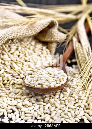 Spelled in a spoon, in a burlap bag and on the table, stalks with ears of wheat on the background of wooden board Stock Photo