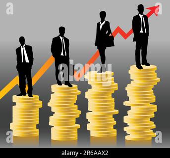 businessteam standing on coins in front of successful chart Stock Vector