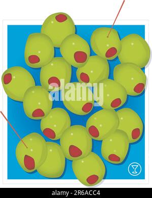 Stylish green cocktail olives with red pimentos against blue background with red toothpicks. Includes a martini icon. Stock Vector