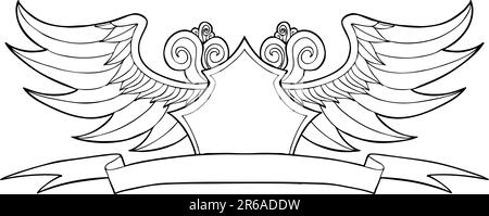 Hand drawn artsy pattern of waves and wings with crest symbol. Stock Vector