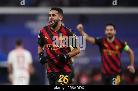 File photo dated 22-02-2023 of Manchester City's Riyad Mahrez celebrates scoring their side's first goal of the game during the Champions League round of 16 first leg match. Pep Guardiola's side failed to make their dominance count as they were held to a 1-1 draw by the Germans at the Red Bull Arena but any doubts after that game were swiftly put aside in the second leg. Issue date: Thursday June 8, 2023. Stock Photo