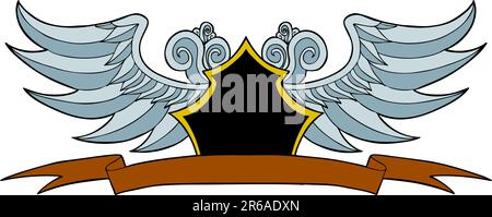 Hand drawn artsy pattern of waves and wings with crest symbol. Stock Vector