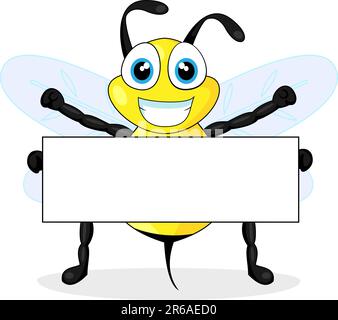 vector illustration of a cute bee holding blank sign. No gradient. Stock Vector
