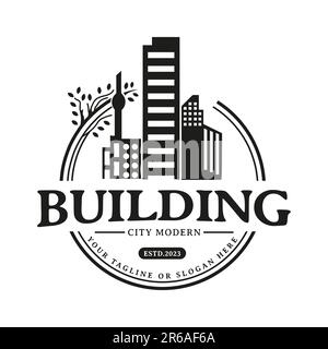 High rise building design inspiration in stamp form, round vintage retro design vector Stock Vector