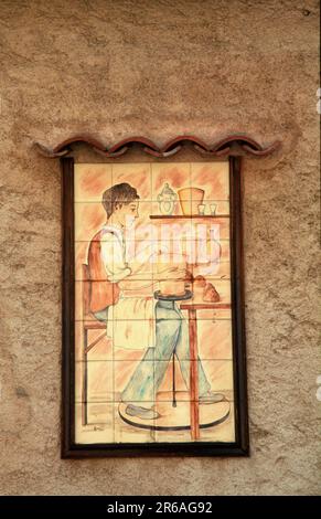 Decoration of a pottery, Vallauris, Provence, South of France, Cote d'Azur, South of France, vertical, Europe, signs, characters Stock Photo