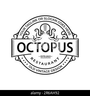 Template for logo, label and emblem with white octopus silhouette. Vector illustration Seafood Restaurant logo, poster template. Vintage emblem templa Stock Vector
