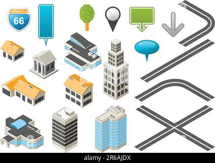 Map toolkit with Isometric Buildings and Roads Stock Vector