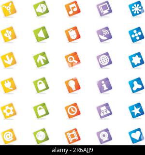 Dynamic, round cornered square icons on edge with cast shadow. 30 useful web icons with a clean and colorful style. Easy to change colors! Stock Vector