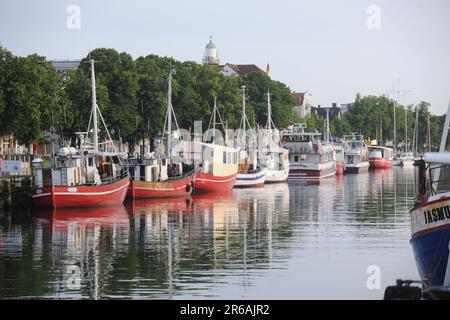 Fishing boats moored in Warnemünde, Germany Stock Photo