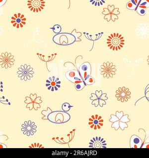 vector seamless floral  background with butterflies and birds  in eastern style Stock Vector