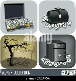 Collection of four different illustrations, money related. Stock Vector
