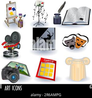 Illustration set of nine color art icons: painting, music, literature, movie, dance, acting, photography, comics and architecture. Stock Vector