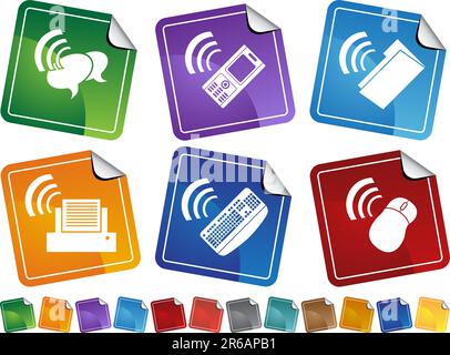Set of 6 stickers showing wireless connections on different devices. Stock Vector