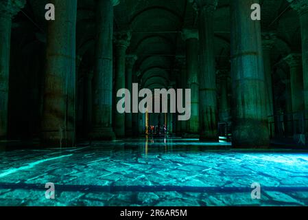 The interior of the famous Cistern Basilica is seen from the inside. Interior of landmark monument also known as Theodosius Cistern of Istanbul in Tur Stock Photo