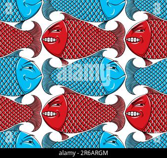 Fishes seamless background. Pattern. Emotions, characters, happy and angry. Yin yang. Stock Vector